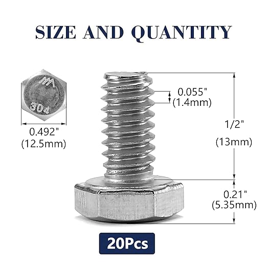 5/16-18 x 1/2" Hex Head Screw Bolt, 20Pcs 18-8 (304) Stainless Steel, Fully Threaded, Plain Finish, by SG TZH