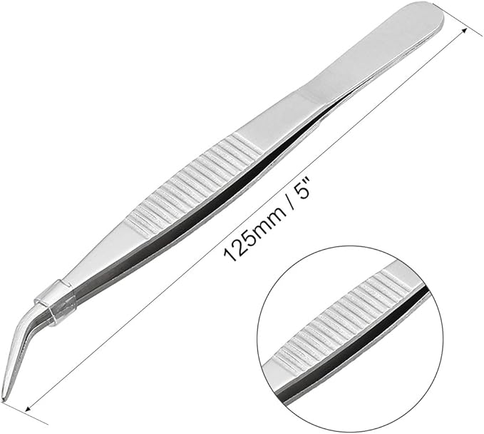 uxcell 2 Pcs 5-Inch Stainless Steel Tweezers with Curved Pointed Serrated Tip
