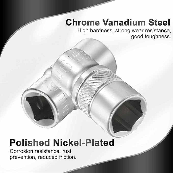 HARFINGTON 6 Points Deep Socket 1/4" Drive 9mm Deep Metric CR-V Steel Polished Nickel Plating Flip Sleeve 25mm / 1" Extra Long Socket Tool for Home Auto Nuts Bolts Repair