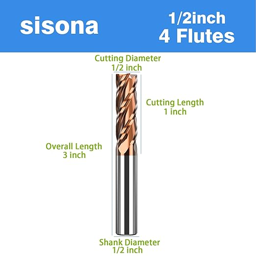 1/2" Square Nose Carbide End Mill Bits - 4 Flutes竊?/2" Diamter竊?'' Overall Length - Sharpness竊똃urable竊똕mooth Cutting