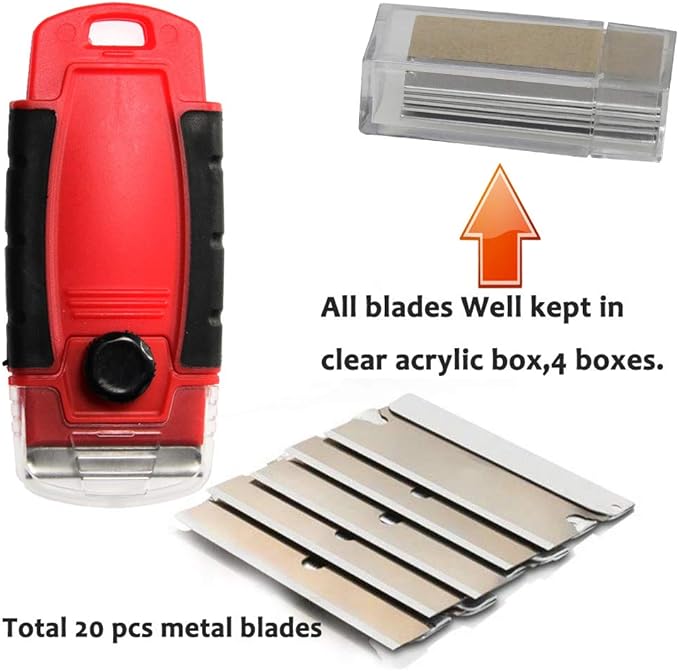 Plastic Razor Blade Scraper Hand Held Window Vinyl Tint Scraper Pack 2 with Protective Cover 20 Metal Razor Blades Scraper Blades Removal Scraping Tool Kit