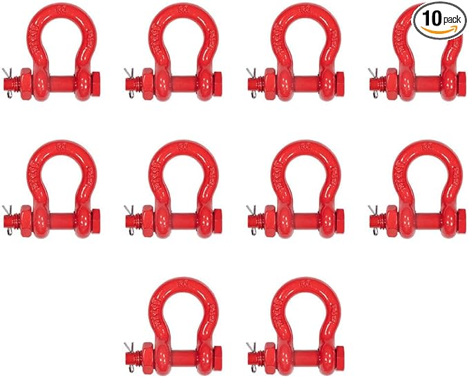 Mytee Products 10Pcs 3/8" Anchor Shackle Forged Carbon Steel w/Safety Screw Pin Load Limit 2,000 lbs Double Rust Protection Heavy Duty D Ring Bolt Type Shackle for Towing, Rigging, Vehicle Recovery