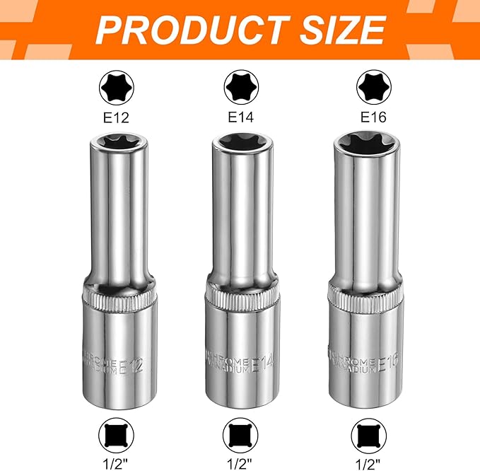HARFINGTON 3pcs E-Torx Socket 1/2" Drive E12-E16 Star Female Socket 3.1" Length External Torx Deep Sleeve Chrome Plating 6 Point Spline Sleeve for Auto Repairs Home Maintenance