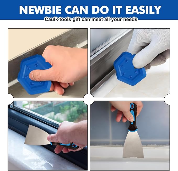 Caulk Gun,No-drip Silicone Caulking Gun, Caulking Tools Grout Scraper&Putty Knife For Kitchen Bathroom Sink Joint,With Gift Box Works 10 OZ Tubes Black-siliver