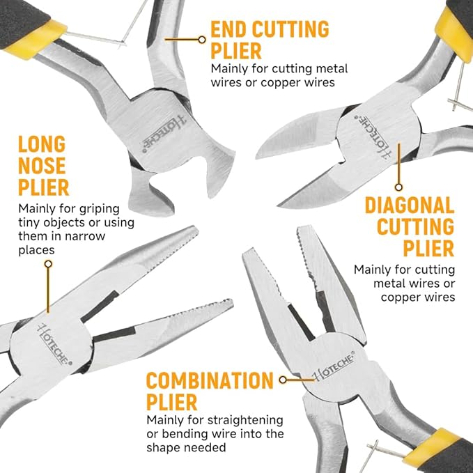 HOTECHE 4.5-Inch 4PCS Mini Pliers Set - Professional Cr-V Steel Precision Tools with Non-Slip Grips - Includes Combination, Long Nose, Diagonal & End Cutting Pliers for Electronics, Jewelry & Crafts