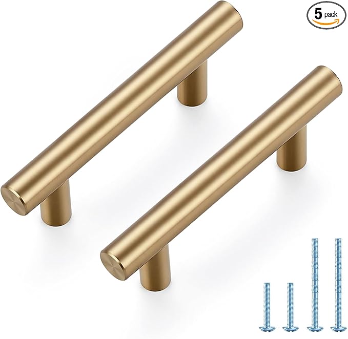 JOY DECOR 5 Pack Champagne Bronze Cabinet Pulls ??4 Inch Length, 2-1/2 Inch (64mm) Hole Center ??Stainless Steel Kitchen Cabinet Handles for Drawer and Cupboard