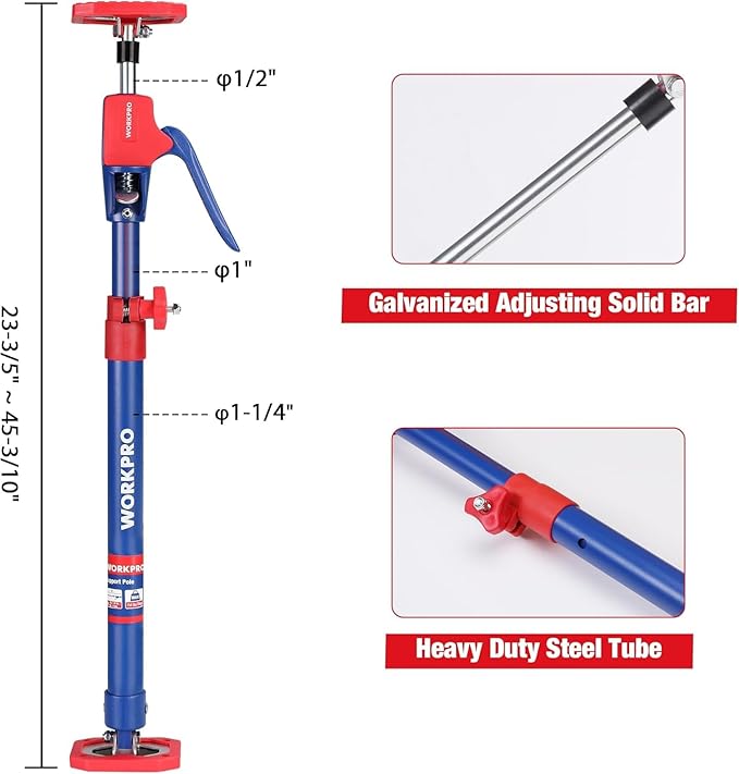 WORKPRO Cabinet Jack Support Pole, 23-5/8" to 45-1/4" Steel Telescopic Quick Support Rod Adjustable 3rd Hand Support System with 154 lbs Capacity for Cabinet Jack, Drywall Jack& Cargo Bars, 4-Pack