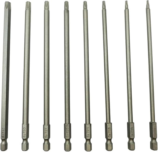 Long Torx Security Screwdriver Bit Sets 6 Inch Length T8 T10 T15 T20 T25 T27 T30 T40 S2 Steel Torx Security Head Drill Screw Driver Drill Set (8Pcs 150mm)