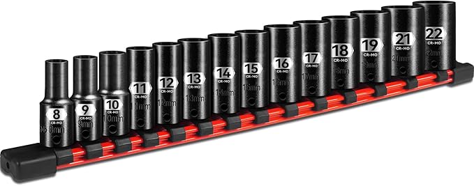 14-Piece 3/8" Drive Semi-Deep Impact socket set, Metric Size (8-22mm) 6-Point Socket Set, CR-MO Steel for Automotive & Industrial