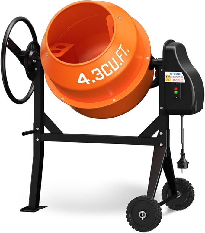 Electric Concrete Mixer, 4.3 Cubic Ft, 3/5HP. 450W Portable Concrete Mixer Machine with Stand & Wheels for Stucco, Mortar, Seeds, Orange-2026 Upgraded