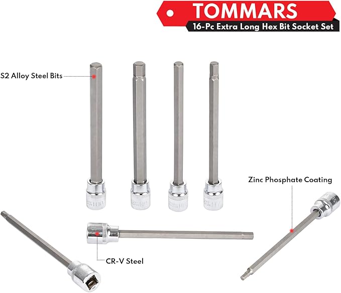 TOMMARS 16-Pc Long Hex Bit Socket Set, Extra Long Allen Socket Set, CR-V and S2 Steel, SAE & Metric 1/8-3/8 in., 3-10 mm.
