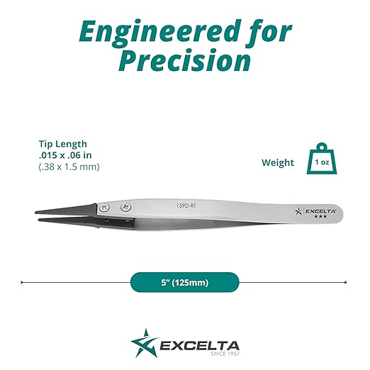 Excelta 159D-RT Precision Tweezers, Replaceable Carbofib Tips for Delicate Electronics, Straight Tip, Anti-Magnetic Neverust Stainless Steel Construction, ESD Safe, Heat Resistant, 5 Inch
