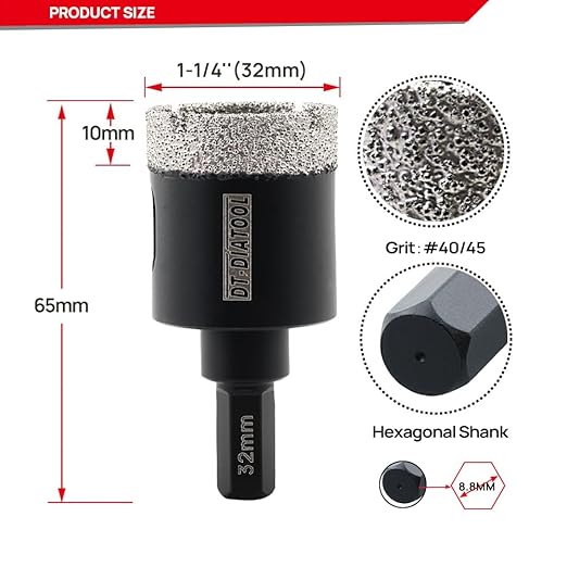 DT-DIATOOL Diamond Core Drill Bit 1-1/4 Inch for Porcelain Tile Ceramic Marble Artificial Stone Diamond Hole Saw Hex Shank