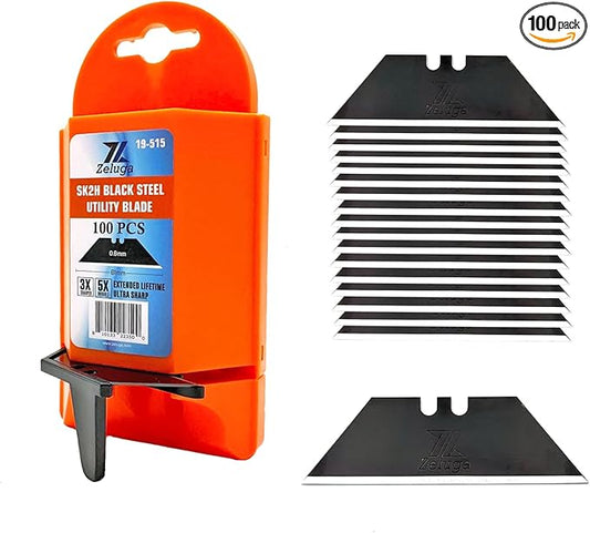 19-515 Utility Knife Blades With Dispenser, 100pcs, SK2H Laser Sharpened Hardened Black Carbon Steel, Razor Blades Refills