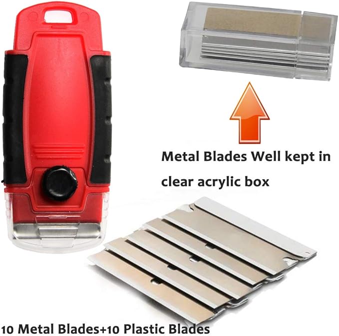 Plastic Razor Blade Scraper Hand Held Window Vinyl Tint Scraper with Protective Cover Razor Blade Red Scraper,10 Metal Razor Blades 10 Black Plastic Scraper Blades Removal Scraping Tool Kit