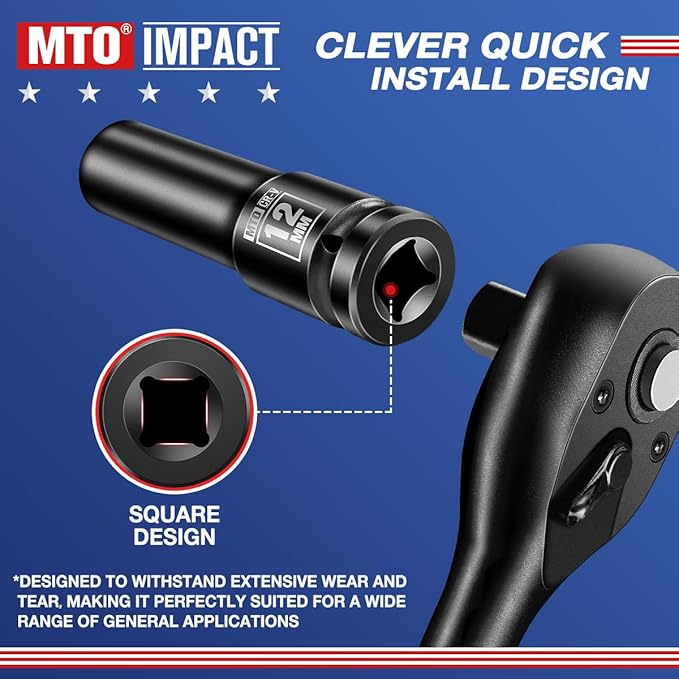MTO 1/2" Drive 12mm Deep Impact Socket, 6-Point Metric Socket for Automotive Maintaince, CR-V Steel Meets ANSI Standards