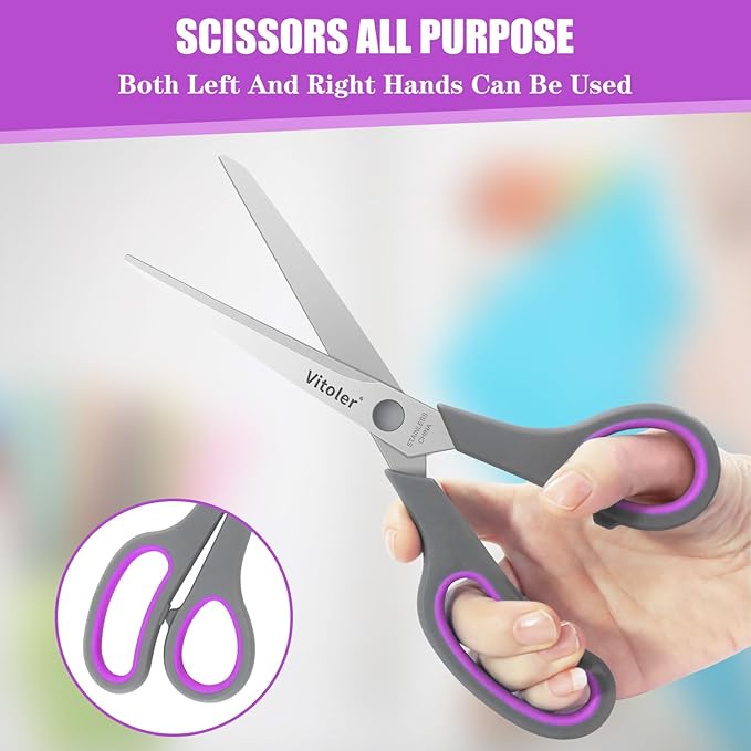 Vitoler Scissors 8.5" Heavy Duty scissors all purpose Bulk Set of 3, Scissors for Office Home School Craft Supplies, Soft Comfort-Grip Right/Left Hand