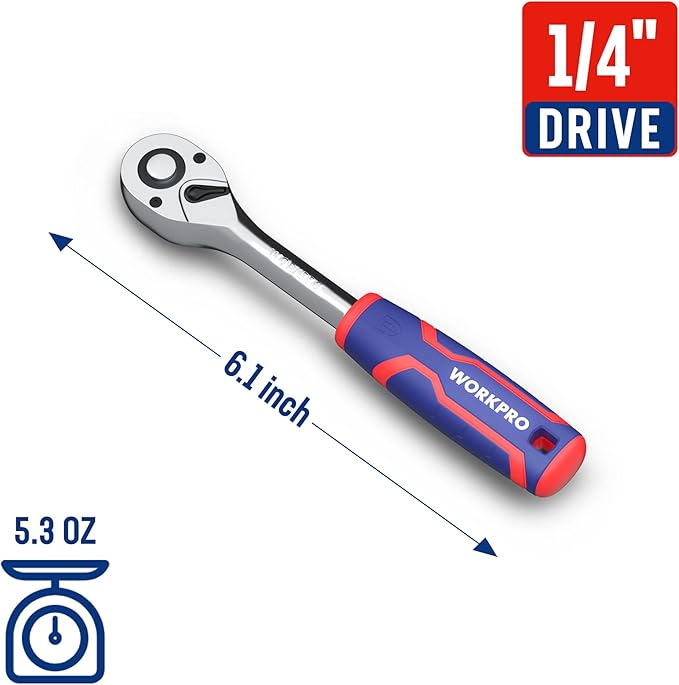 WORKPRO 1/4-Inch Drive Ratchet Wrench, 72-Tooth Reversible Ratchet, Quick-Release 1/4 Drive Ratchet Handle, CR-MO Head, Chrome Plated Finish