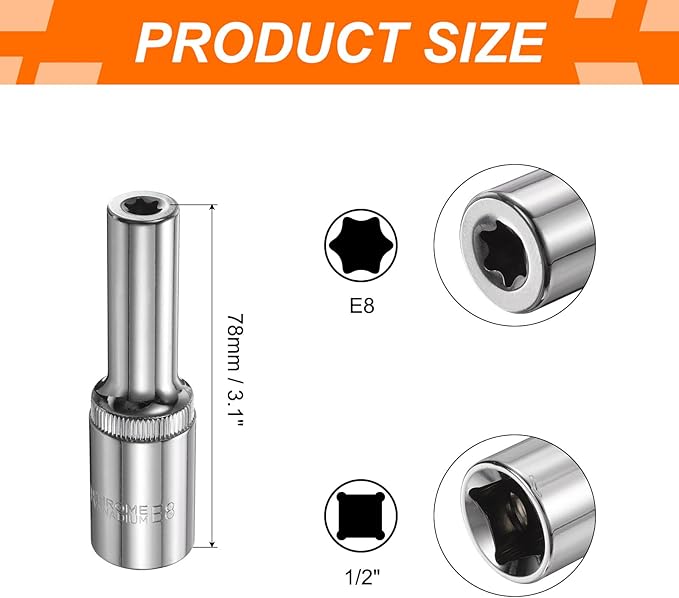 HARFINGTON E-Torx Socket 1/2" Drive E8 Star Female Socket 3.1" Length External Torx Deep Sleeve Chrome Plating 6 Point Spline Sleeve for Auto Repairs Home Maintenance