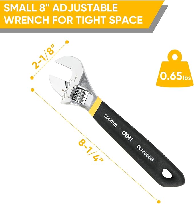 deli 8" Adjustable Wrench Heavy-Duty Chrome Anti-Slip Grip, Smooth-Jaw, Cr-V Steel, Wide Opening for Plumbing & DIY