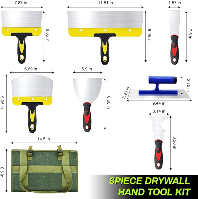 Drywall Knife Set, 8 Pieces Stainless Steel Drywall Hand Tool Kit Includes Taping Knife, Putty Knives, Finishing Trowel, Paint Scraper, Yellow handbag