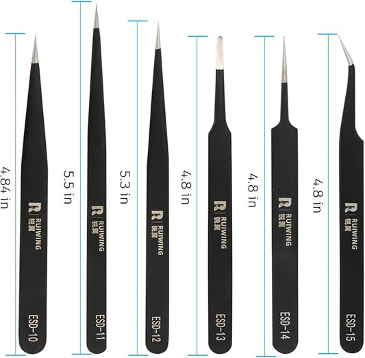 6PCS Precision Tweezers Set, ESD Anti-Static Heavy-Duty Stainless Steel Electronic Tweezers for Electronics Repair, Laboratory, Soldering, Jewelry Making Tools Straight & Curved Tips, Precision Tools