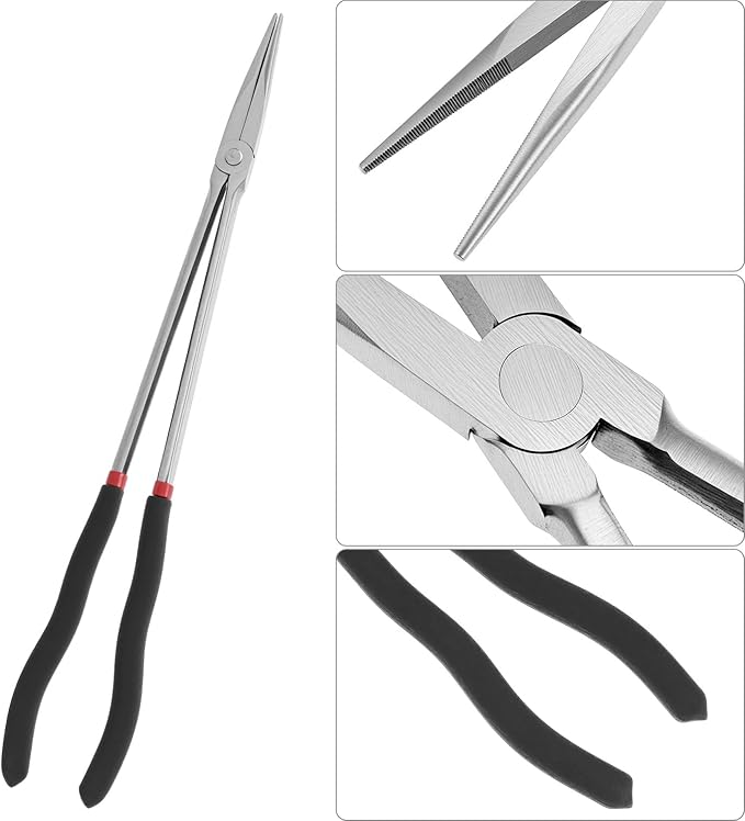 QWORK Straight Long Needle Nose Pliers, 16 Inch Long Reach Needle Nose Pliers, Straight & Bent Jaw Plier Set with Non-Slip Handles for Narrow Spaces & Precision Work