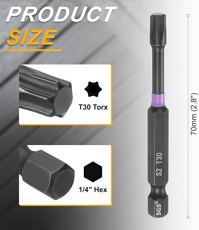 HARFINGTON 2pcs T30 Torx Head Impact Screwdriver Bits 1/4" Hex Shank 2.8" (70mm) Long Magnetic No Hole Tamper Proof 6 Point Star Screw Driver Drill Bits Phosphate S2 Steel Power Tools