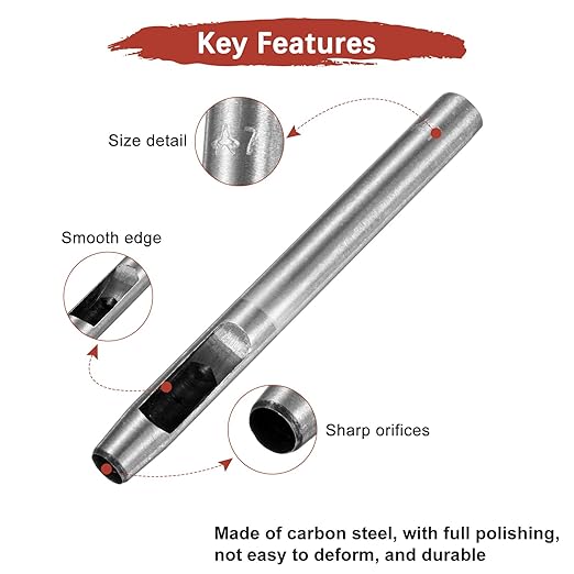 7MM Leather Hole Punch Tool [2PCS] - Metal Round Belt Hole Puncher Use for Leather Working & Belts & Watch Band & Paper & Plastic - [Silver Tone] Round Hollow Tools