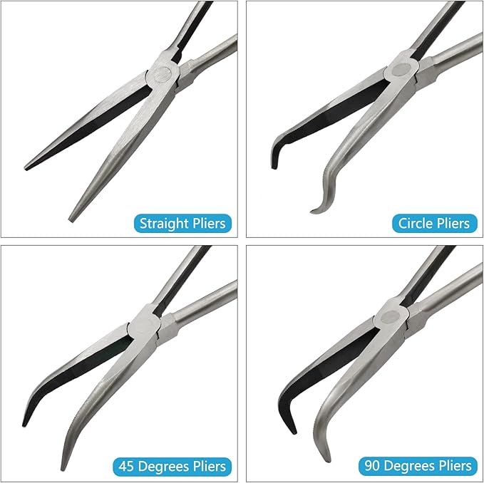 4 Pack 11" Long Nose Pliers Set with Portable Bag, Insulated Grip - Straight Needle Nose, 45/90 Degree Angle Curved & Circle Tools for Wire Bending, Shaping, Trimming