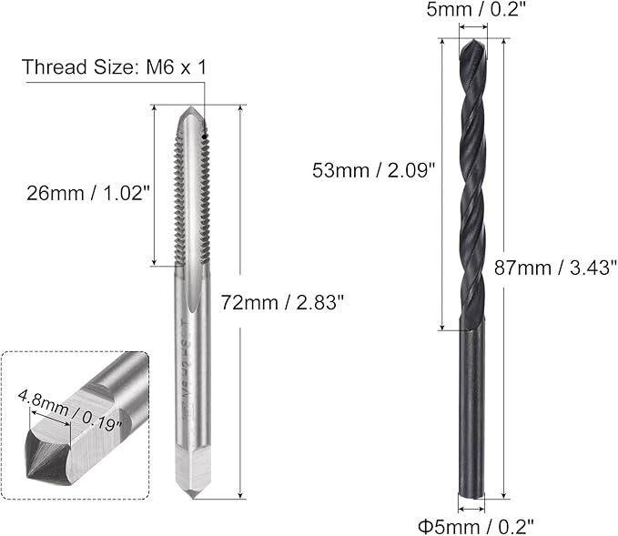 uxcell Metric Tap and Drill Bit Set, M6 x 1 Thread Tap & 5mm Black Oxide Twist Drill Bit, Straight Flute Tap Tapping Threading Repair Tool Kit