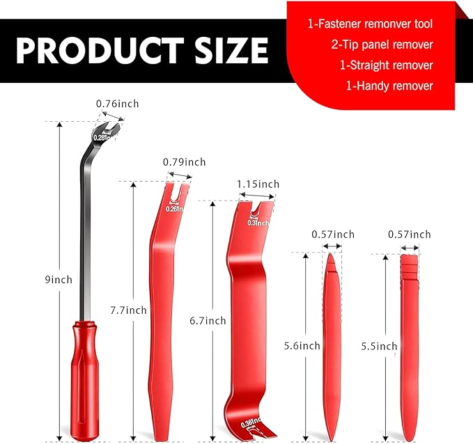 5 PCS Auto Trim Removal Tool Kit, No-Scratch Remover Pry Tool Set, Interior Door Panel Clip Fastener Removal Set for Car Door Clip Panel & Audio Dashboard Dismantle (Red)