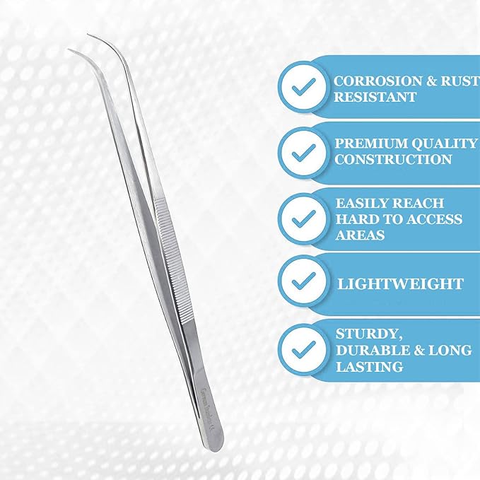 Lab Tweezers High Precision Forceps, Fine Strong Curved Point Tweezers, Stainless Steel (8 Inch)