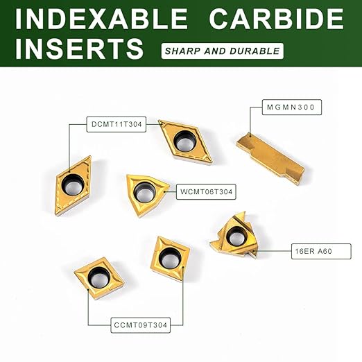 Indexable Lathe Turning Tool-5/8" Shank 7 Pieces Carbide Turning Tool Set, CNC Heavy-Duty Metal Lathe Cutting Tools for Turning Grooving Threading Cutting with Tin Coated Carbide Inserts