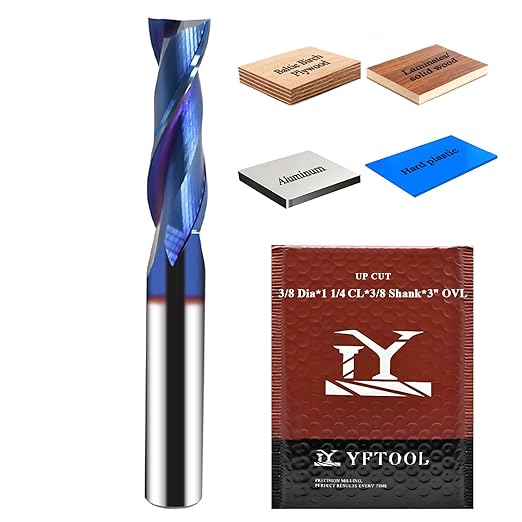 Carbide Spiral Up Cut Router Bit with 3/8 Shank Nano Blue Coating 2 Flute CNC Upcut Router Bit for Wood MDF Aluminum Carving Engraving CNC End Mill 3/8 Cut Diameter, 1-1/4 CL, 3" OVL