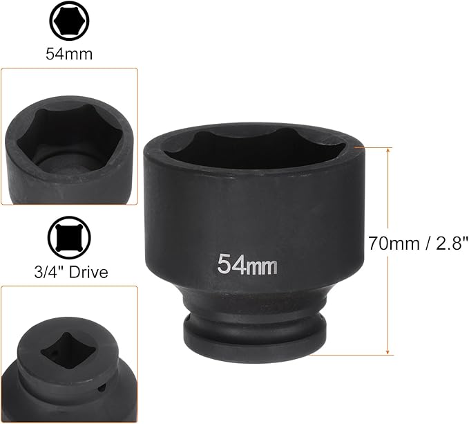 HARFINGTON 6-Point Impact Socket 3/4" Drive 54mm Metric 40Cr Alloy Steel Spindle Axle Nut Impact Socket