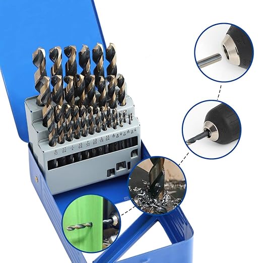 COMOWARE 29-Piece Drill Bit Set, High-Speed Steel Black and Gold Finish with 135 Degree Split Point Tip, 1/16" to 1/2" x 64ths Increments