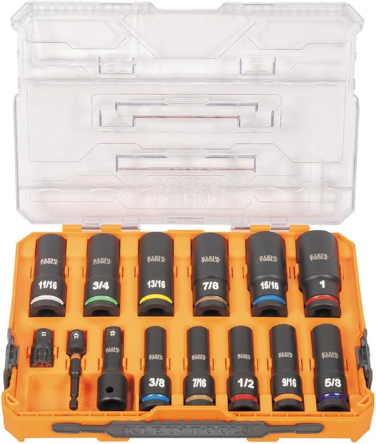 Klein Tools 65111IMPCT KNECT Deep-Well Impact Socket Set, 1/2-Inch Drive, SAE, Color Coded, MODbox Case, Impact Adapter and Extension, 14-Piece