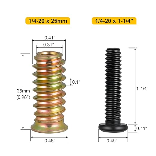 Threaded Inserts and Bolts Set, 23 Sets, 1/4-20 x 25mm Threaded Inserts for Wood, 1/4-20 x 1-1/4" Furniture Screws Bolt Flat Head 304 Stainless Steel, Hex Socket Drive, with 2Pcs Hex Wrench