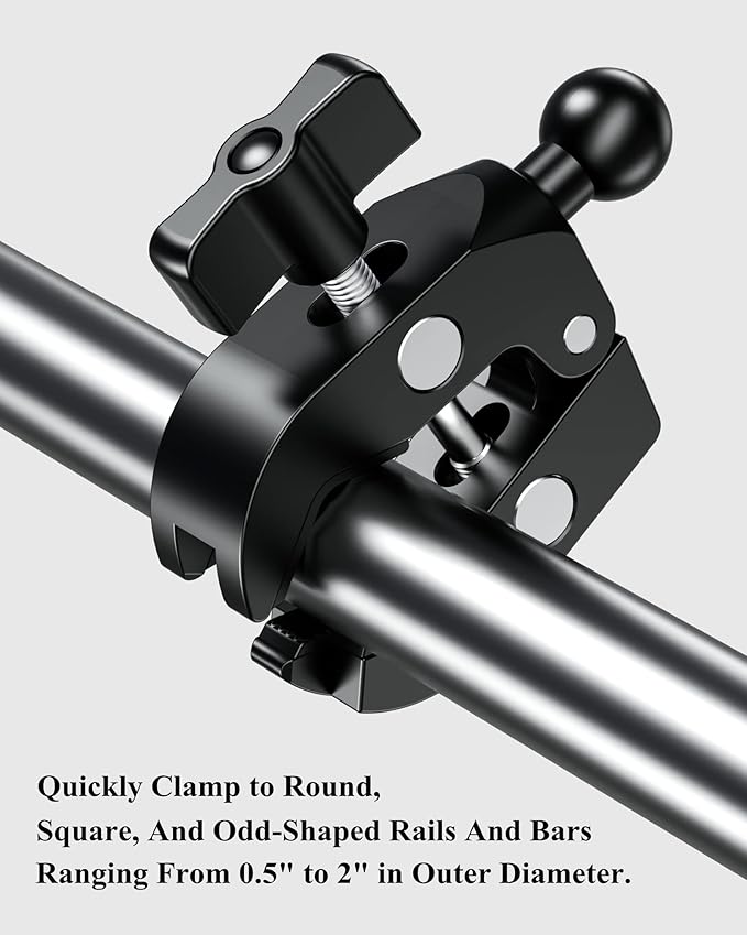 BRCOVAN 17mm Ball Clamp Mount Base with Aluminum Alloy Tough-Claw, Fit Handlebar Rail 0.5'' to 1.75'' in Diameter, Fit Bike Motorcycle Phone Mount Holder with 17mm Ball Socket & Double Socket Arm