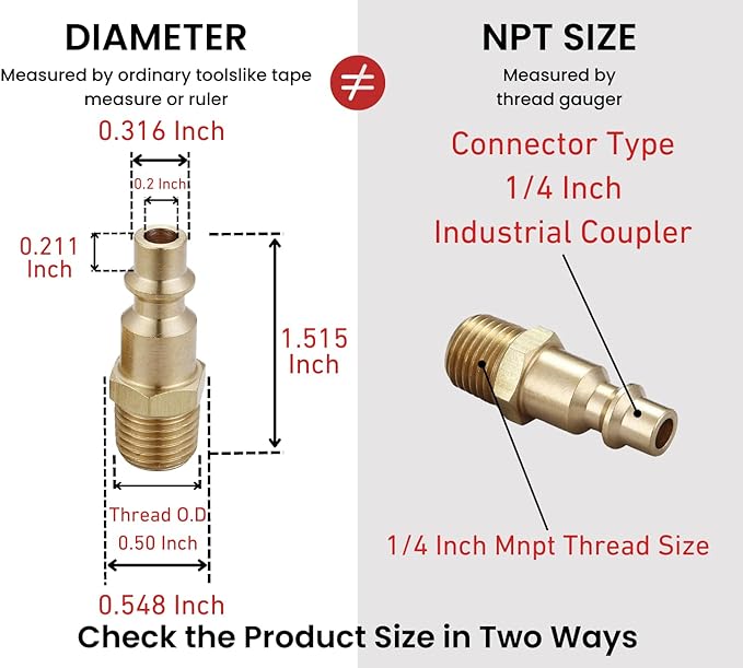 Air Hose Fittings And Quick Connect Air Fittings, 1/4 Inch NPT Brass Female Male Air Coupler Plug (10 Piece) Industrial Type D, Air Compressor Fittings (Female and Male Plug)