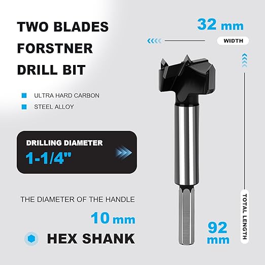 1-1/4 Inch Forstner Drill Bit Carbide Tipped,Woodworking Hinge Cutter for Precise Flat Bottom Holes in Hard Wood,Plywood,Plastic - Professional Grade