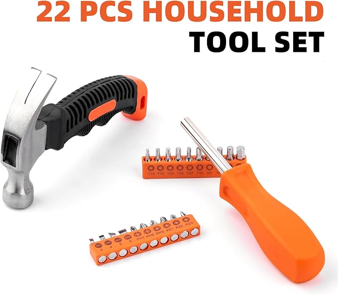 22 Piece Claw Hammer, Small Hammer, Screwdriver Set, Tools Set, Tool Kit with Anti-Slip Handle for Women DIY Craft Industry, Indoor Outdoor Using, Orange