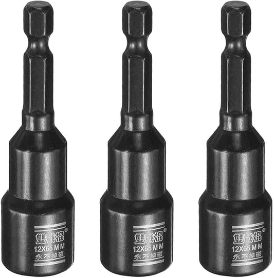 HARFINGTON 3pcs Nut Driver Drill Bit 12mm Metric Socket 1/4" Hex Shank 2.6" (65mm) Long Magnetic 6-Point Sockets Quick Change CR-V Steel Bolt Setters for Power Drill Drivers