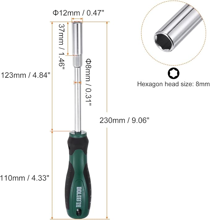 HARFINGTON Metric Nut Driver 8mm CR-V Non-Magnetic Tip Hollow Shafts Hex Socket Screwdriver with Non-Slip Handle for Automobile Repair