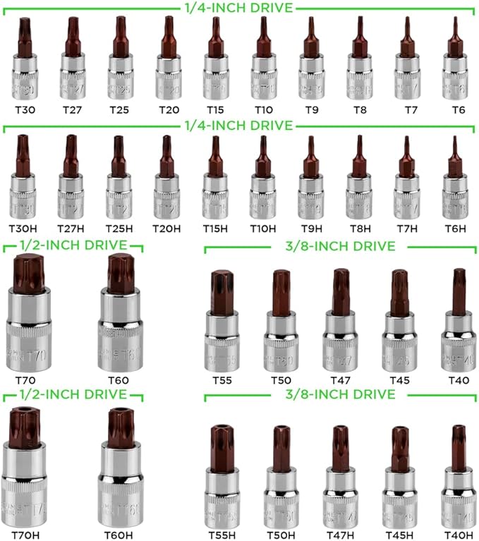 34-Piece Torx Bit Socket Set, Tamper Proof T6-T70, Solid Star Bits Set, Premium CR-V & S2 Alloy Steel Star Socket Sets, Torque Bit Sets with Storage Case
