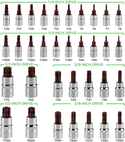 34-Piece Torx Bit Socket Set, Tamper Proof T6-T70, Solid Star Bits Set, Premium CR-V & S2 Alloy Steel Star Socket Sets, Torque Bit Sets with Storage Case