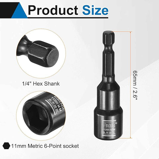 HARFINGTON 3pcs Nut Driver Drill Bit 11mm Metric Socket 1/4" Hex Shank 2.6" (65mm) Long Magnetic 6-Point Sockets Quick Change CR-V Steel Bolt Setters for Power Drill Drivers