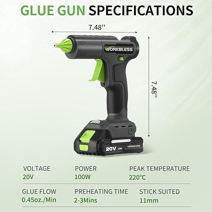 Cordless Hot Glue Gun Full Size,Hot Glue Gun with 20V 2000mAh Battery & 30pcs 11mm Clear Glue Sticks, Heavy and Duty Hot Glue Gun for Arts, Repair, Wood Working, Leak-Proof Nozzle