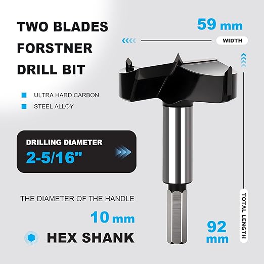 2-5/16 Inch Forstner Drill Bit Carbide Tipped,Woodworking Hinge Cutter for Precise Flat Bottom Holes in Hard Wood,Plywood,Plastic - Professional Grade